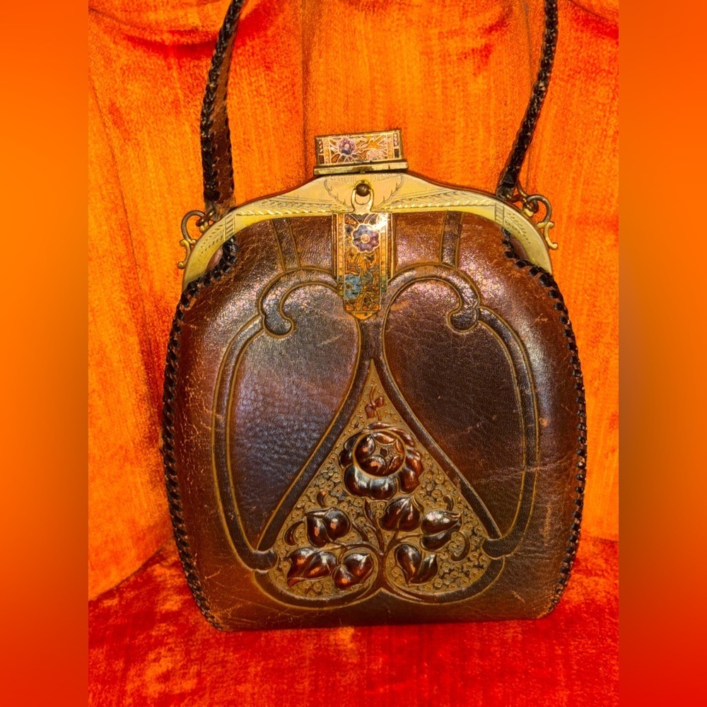 VTG Justin Leather Co Purse Art Nouveau Hand Tooled Leather Turnloc Clasp 1921​​ - Picture 2 of 14